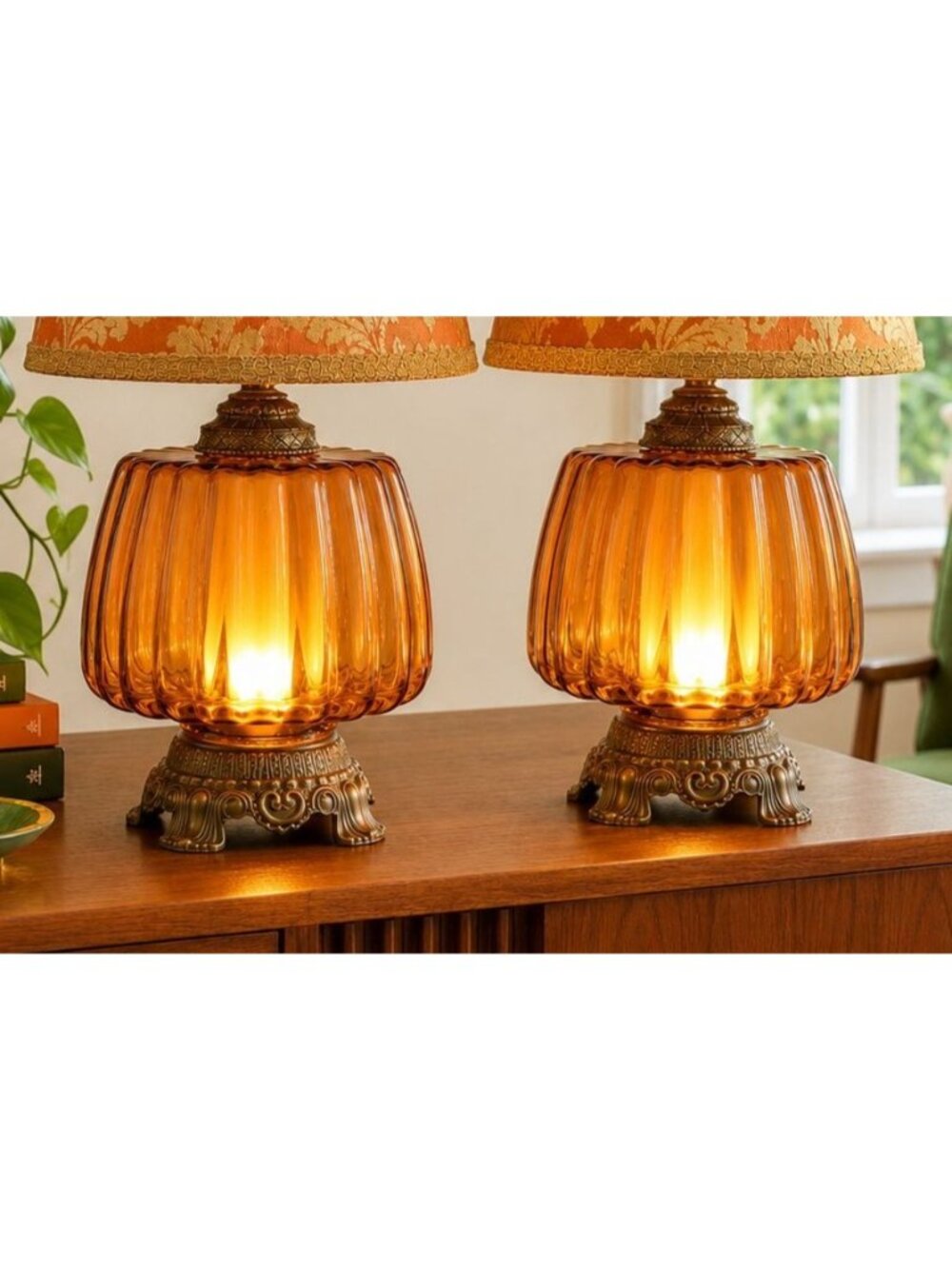 1 ( 2 avail) MASSIVE Vtg MCM Hollywood Regency Amber Murano Glass Table Lamp